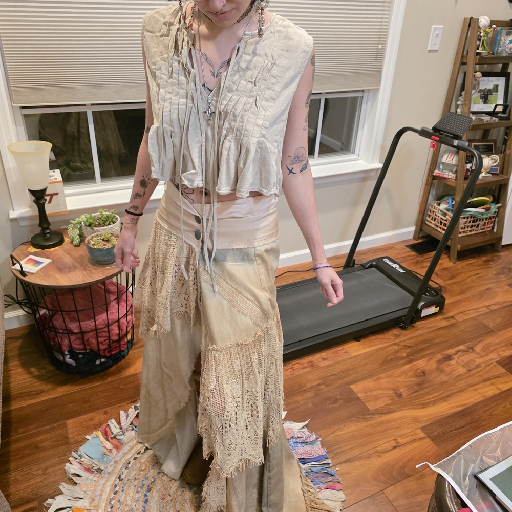 RARE FIND! NEVER WORN! Free People Asymmetrical Boho Maxi Skirt in Beige/Tan